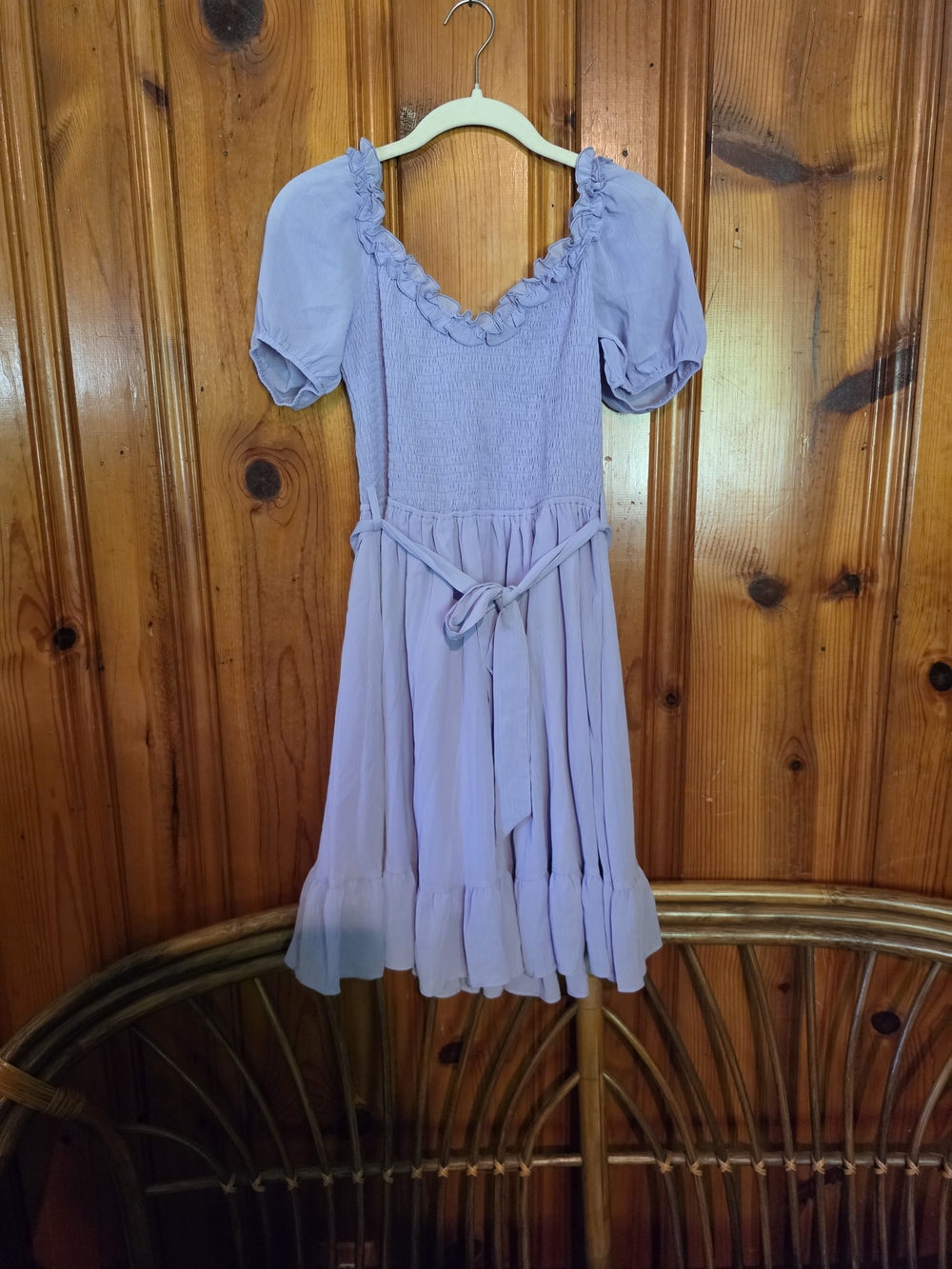 Smocked Puff-Sleeve Midi Dress in Lavender with Waist Tie
